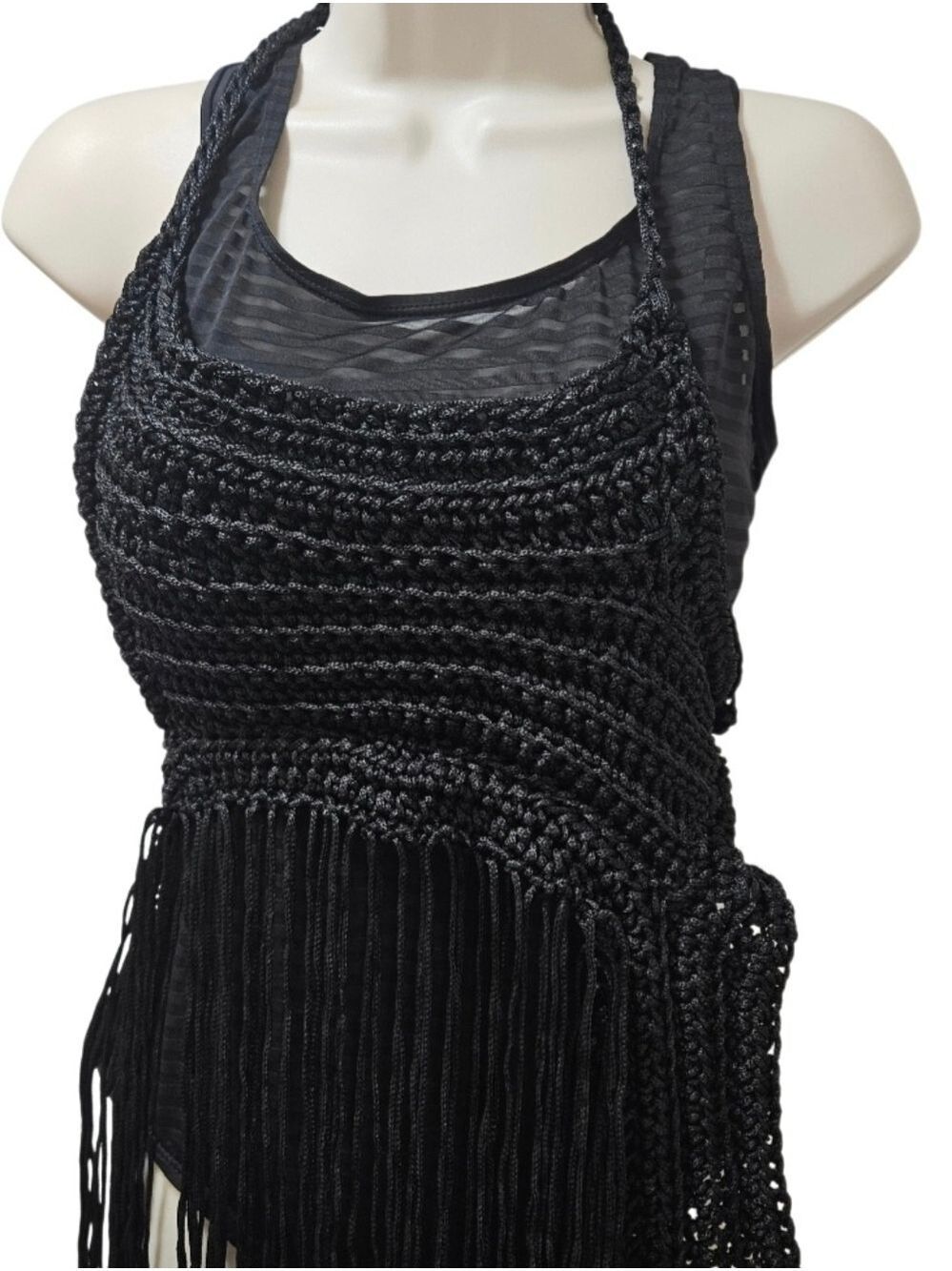 BLACK HAND CRAFTED CROCHET FRINGE HALTER TOP VNECK 2-WAY FESTIVAL BEACH COVER UP - Picture 15 of 17